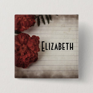 Personalised Red Floral on faded Lined Paper 15 Cm Square Badge