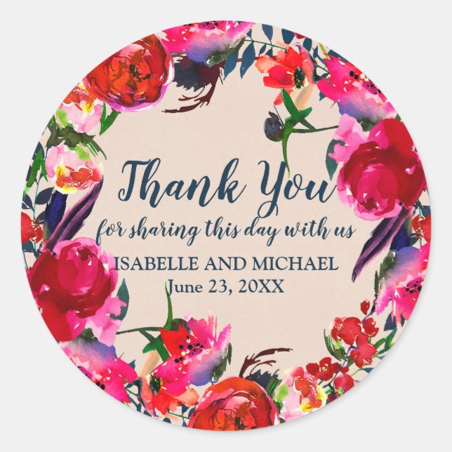Personalised Red Floral Thank You Wedding Sticker (Front)