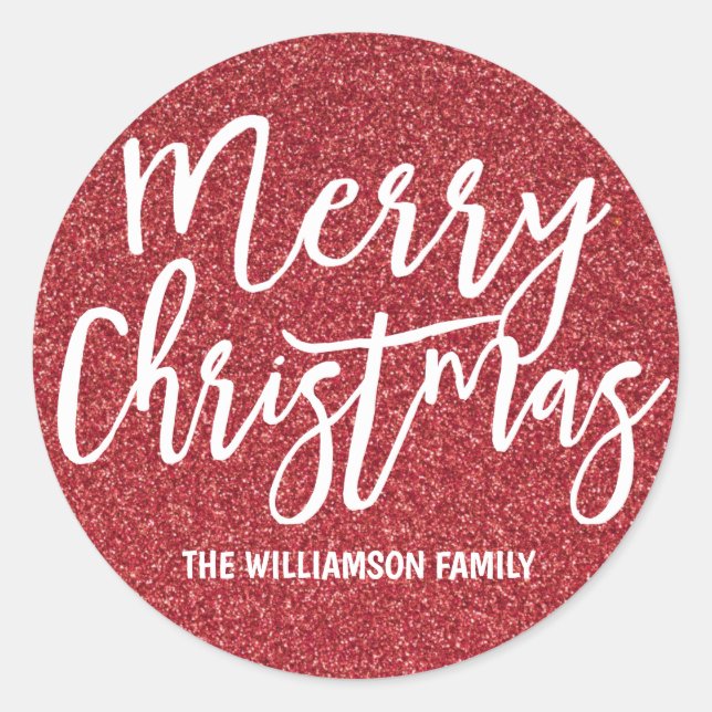 Personalised Red Glitter Merry Christmas Classic Round Sticker (Front)