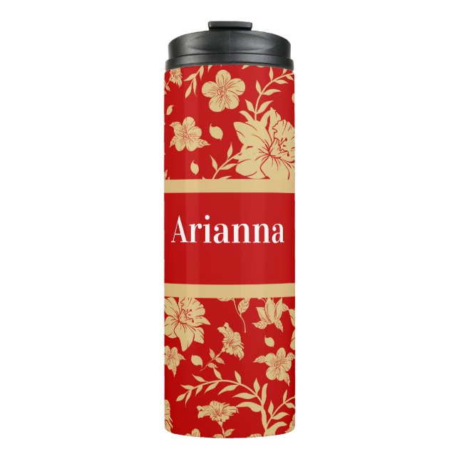 Personalised Red Gold Floral Thermal Tumbler (Front)