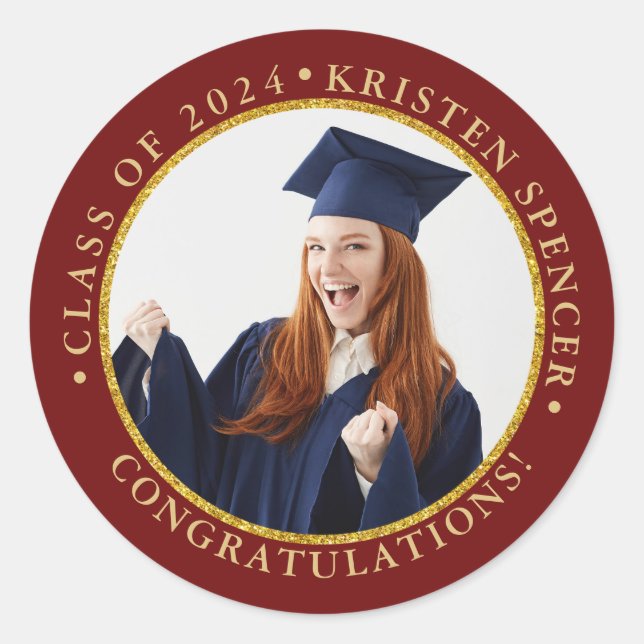 Personalised Red Gold Graduate Photo Graduation Classic Round Sticker (Front)
