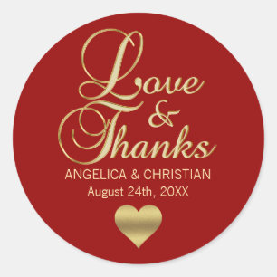 Personalised RED Gold LOVE & THANKS Wedding Classic Round Sticker