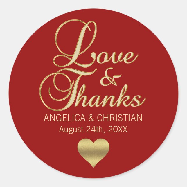 Personalised RED Gold LOVE & THANKS Wedding Classic Round Sticker (Front)