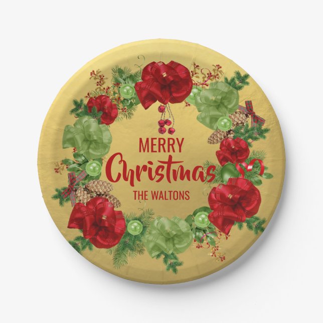 Personalised RED Gold MERRY CHRISTMAS Wreath Paper Plate (Front)