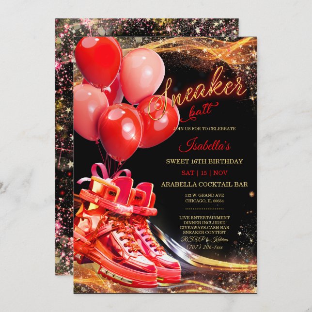 Personalised Red Gold Sneaker Ball Birthday Invitation (Front/Back)