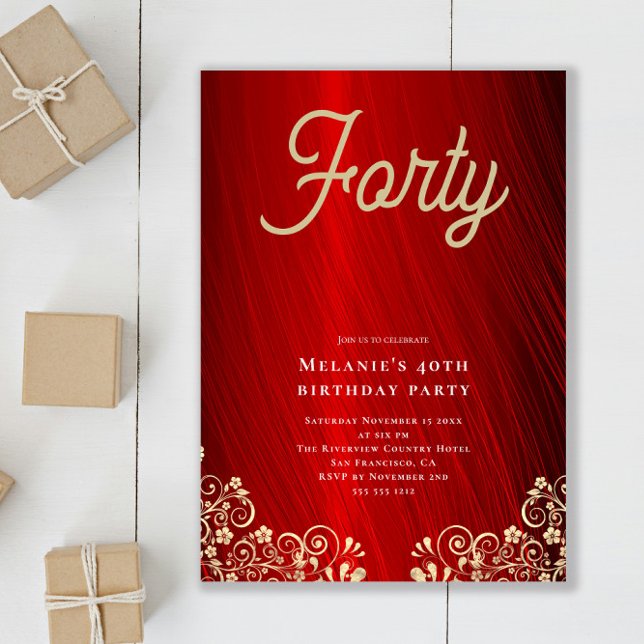 Personalised Red Gold Swirl 40th Birthday Party Invitation (Creator Uploaded)