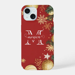 Personalised Red Gold Xmas Split Monogram Name iPhone 15 Case