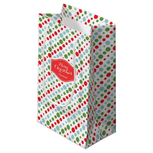 Personalised red green blue polka dots pattern small gift bag (Front Angled)