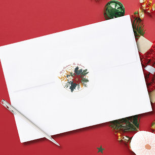 Personalised Red Green Gold Floral Christmas Classic Round Sticker