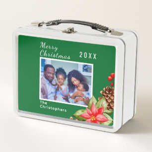 Personalised Red, Green Holiday Family Image Metal Lunch Box