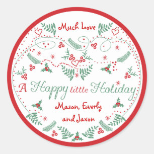 Personalised Red Green Holly Happy little Holiday Classic Round Sticker