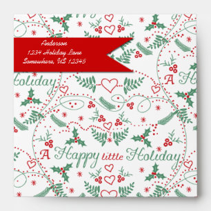 Personalised Red Green Holly Happy little Holiday Envelopes