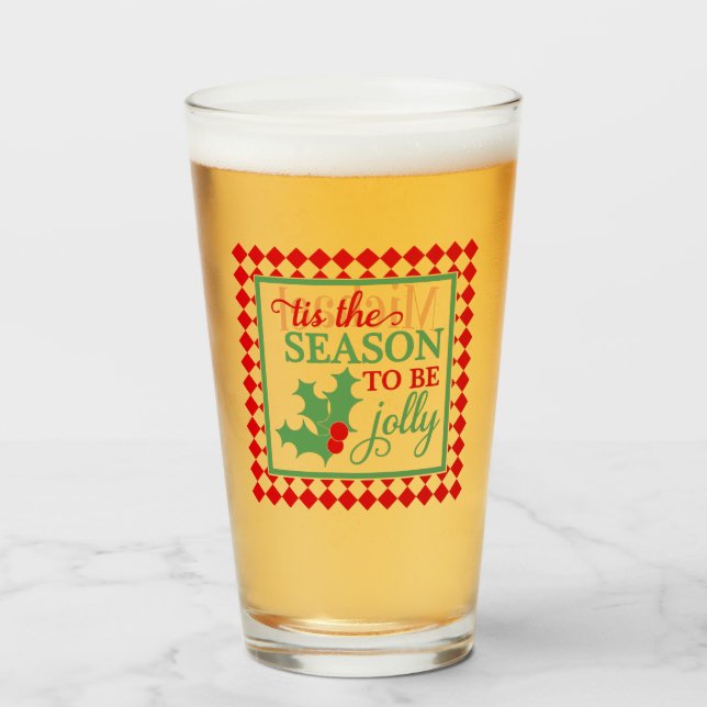 Personalised Red Green Jolly"Christmas Typography Glass (Front Filled)
