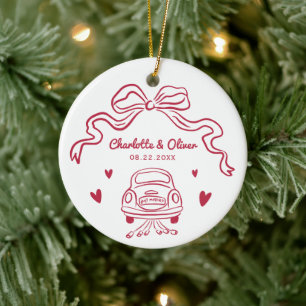 Personalised Red Hand Drawn Whimsical Bow Wedding Ceramic Ornament