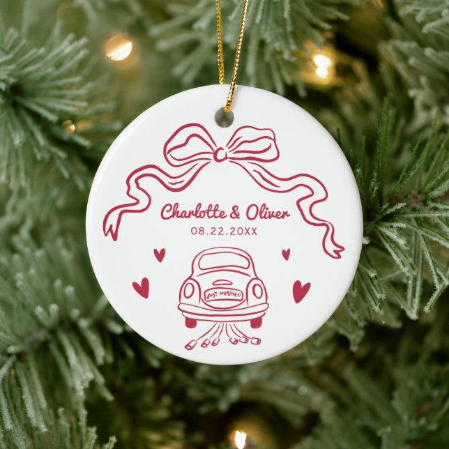 Personalised Red Hand Drawn Whimsical Bow Wedding Ceramic Ornament (Tree)