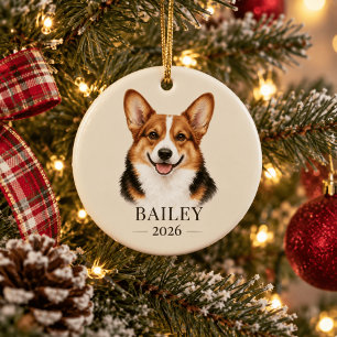 Personalised Red-Headed Tricolor Corgi Name & Year Ceramic Ornament