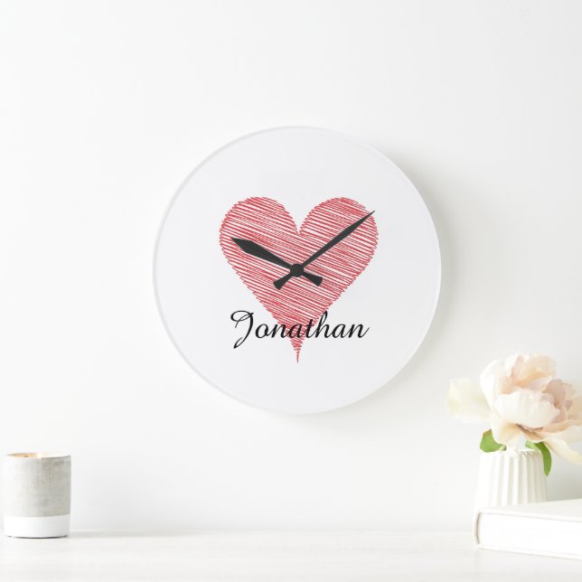 Personalised Red Heart Sketch Name Wall Clock (Home)