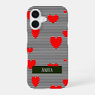 Personalised red hearts and stripes iPhone 16 case