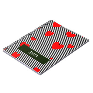 Personalised red hearts and stripes notebook