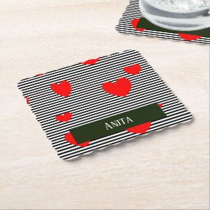 Personalised red hearts and stripes paper coaster