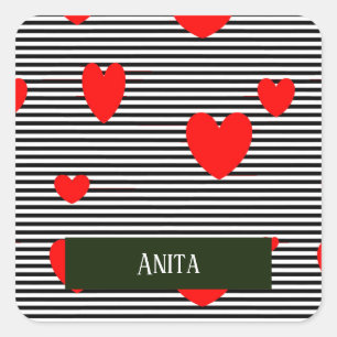 Personalised red hearts and stripes square sticker