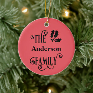 Personalised Red Holly Family Names Christmas Ceramic Ornament