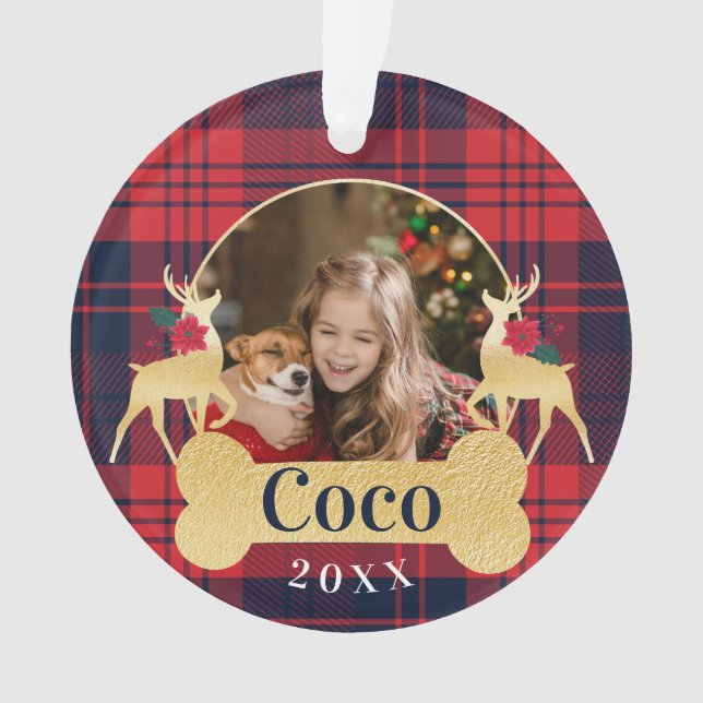 Personalised Red Holly Plaid Reindeer Pet Photo Ornament (Front)