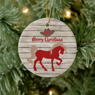Personalised Red Horse and Cowboy Hat Christmas Ceramic Ornament
