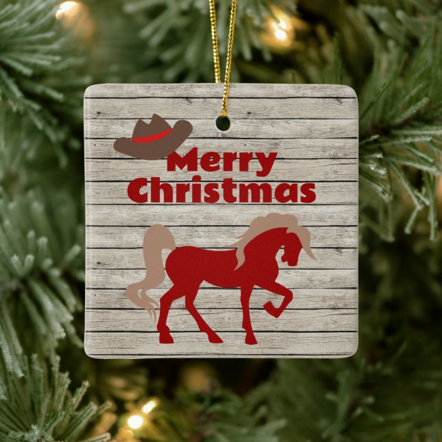 Personalised Red Horse and Cowboy Hat Christmas  Ceramic Ornament (Tree)