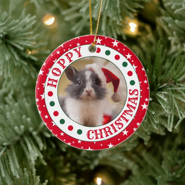 Personalised Red House Rabbit Photo Christmas Ceramic Ornament (Tree)