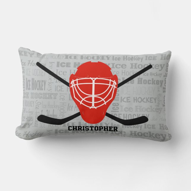 Personalised Red Ice Hockey Helmet and Sticks Lumbar Cushion (Front)