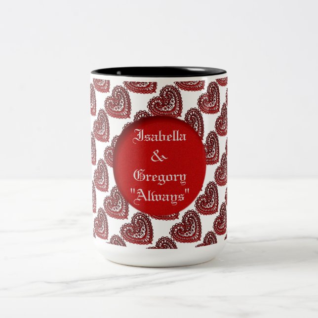 Personalised Red Lace Hearts Pattern Mug (Center)