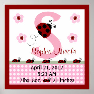Personalised Red Ladybugs/Flower Birth Info Poster
