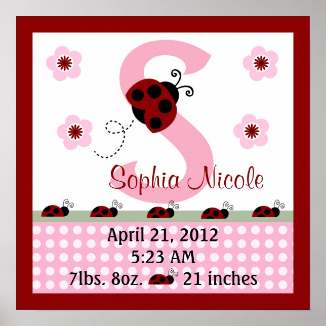 Personalised Red Ladybugs/Flower Birth Info Poster (Front)