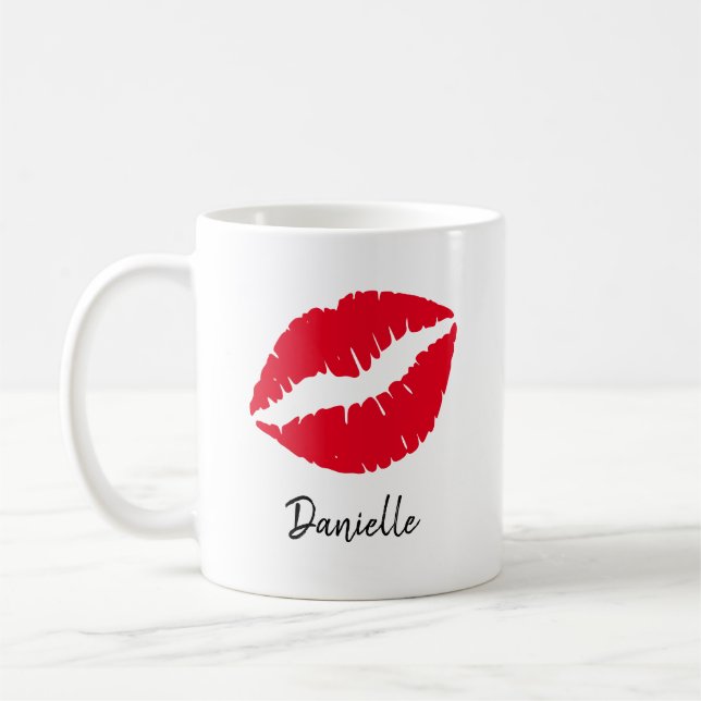 Personalised Red Lipstick Kiss Print Coffee Mug (Left)