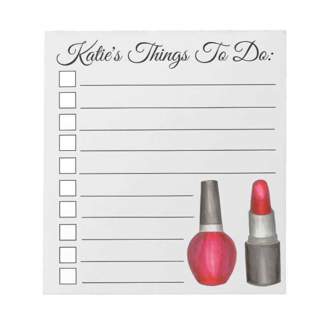 Personalised Red Lipstick Nail Polish To Do List Notepad (Front)