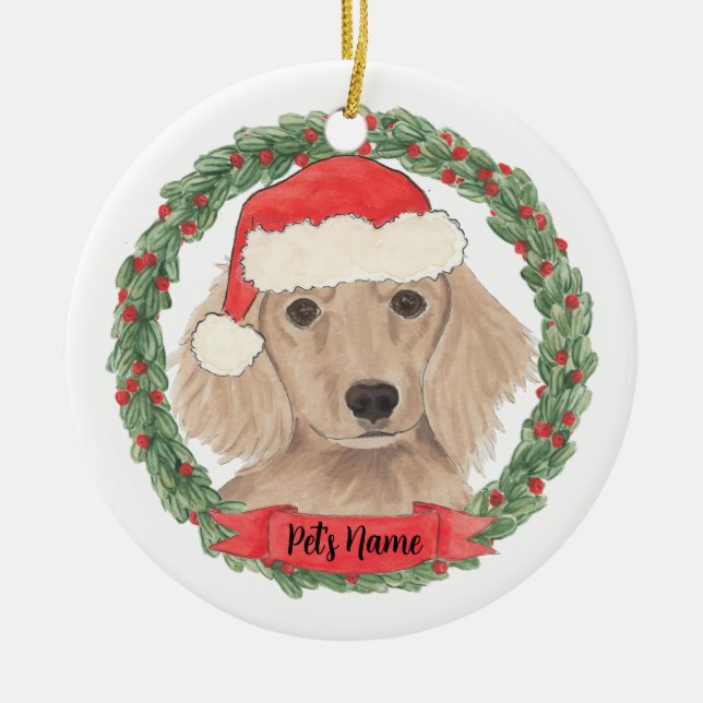 Personalised Red Long Haired Dachshund Ceramic Ornament (Front)