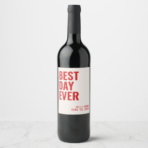 Personalised Red Modern Best Day Ever Wedding Wine Label