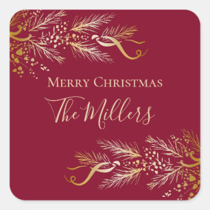 Personalised Red Modern Unique Merry Christmas Square Sticker