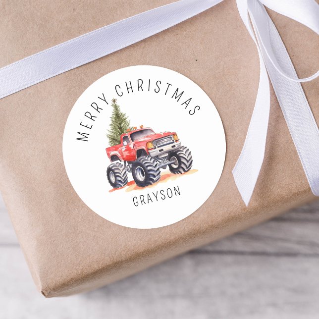 Personalised Red Monster Truck Christmas Gift Classic Round Sticker (Creator Uploaded)