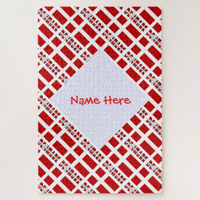 Personalised Red Name Denmark Flag Tiled Jigsaw Puzzle (Vertical)