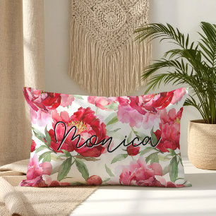 Personalised Red Peony Watercolor Flowers Lumbar Cushion