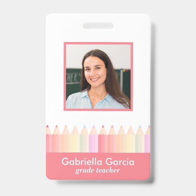 Personalised Red Pink Rainbow School Teacher ID Badge (Front)