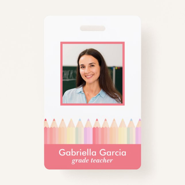 Personalised Red Pink Rainbow School Teacher ID ID Badge (Front)