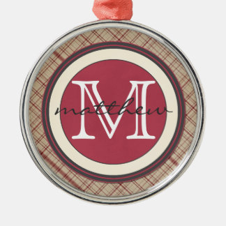 Personalised Red PLaid Monogram Metal Ornament