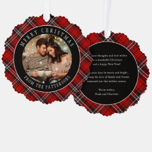 Personalised Red Plaid Tartan Christmas Photo Tree Decoration Card