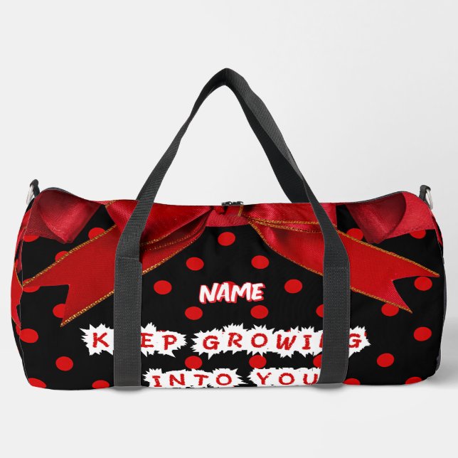 Personalised Red Polka Dot Bow Spiral  Duffle Bag (Front)