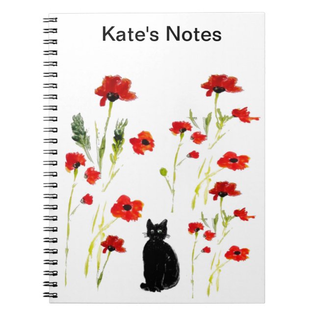 Personalised Red Poppy Cute Cat Notebook (Front)