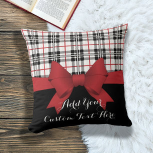 Personalised Red Ribbon and Tartan Plaid Cushion