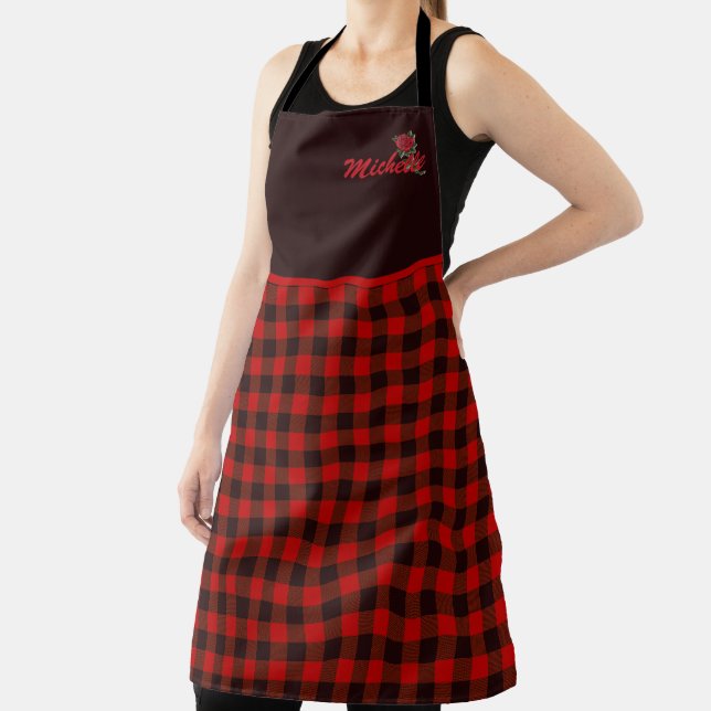 Personalised Red Rose and Gingham Plaid Apron (Insitu)